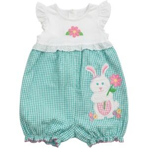 Good Lad Girls 24M Teal Gingham Bunny Embroidered Bubble Romper Easter Spring